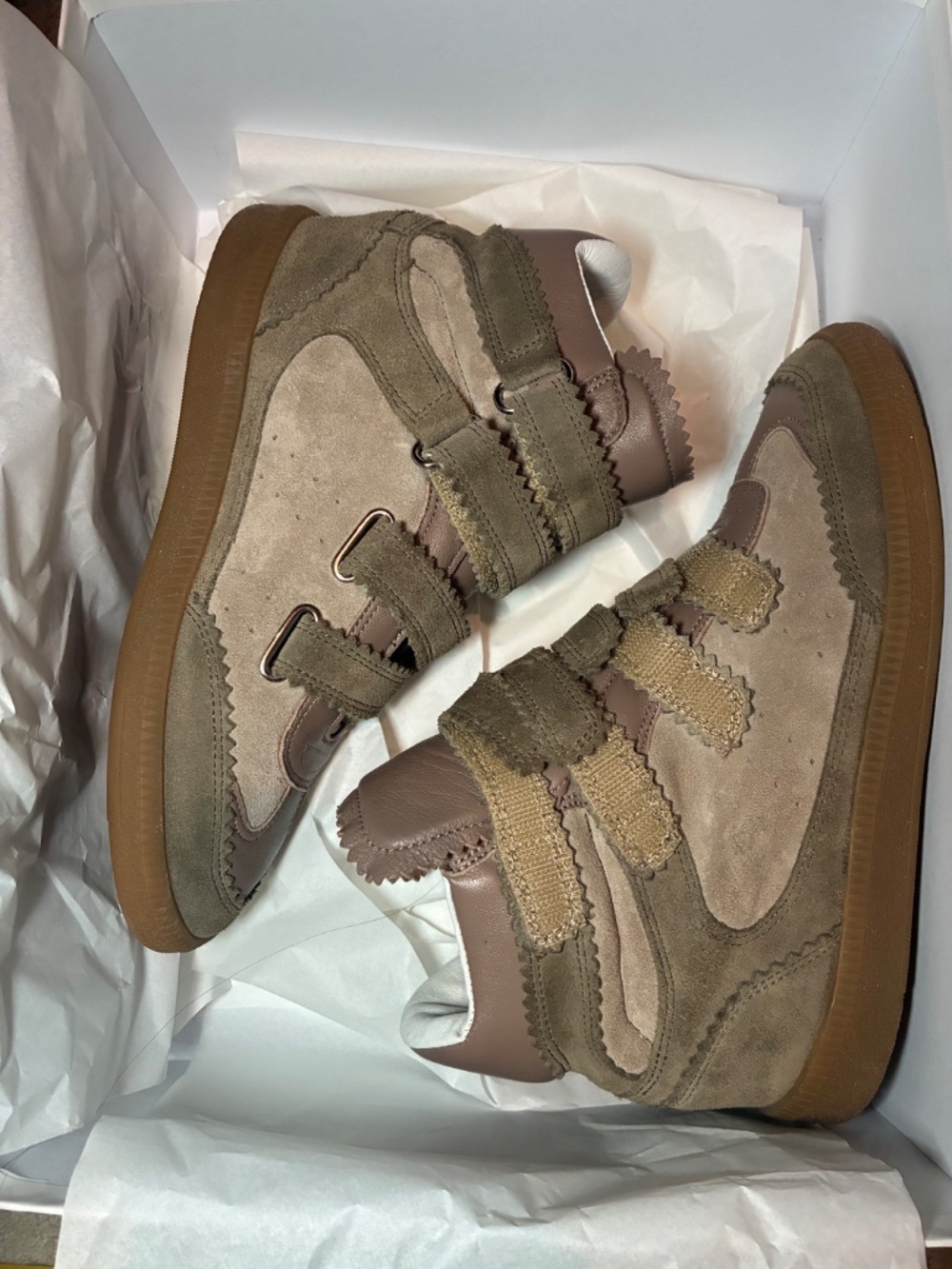 Isabel Marant Suede Classic Taupe High Top Hook & Loop Strap Sneakers - Picture 2 of 4